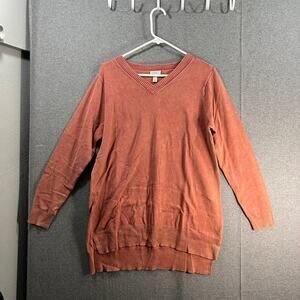 LOGO by Lori Goldstein Sun Faded Cotton V-Neck Sweater Orange Spice, Medium